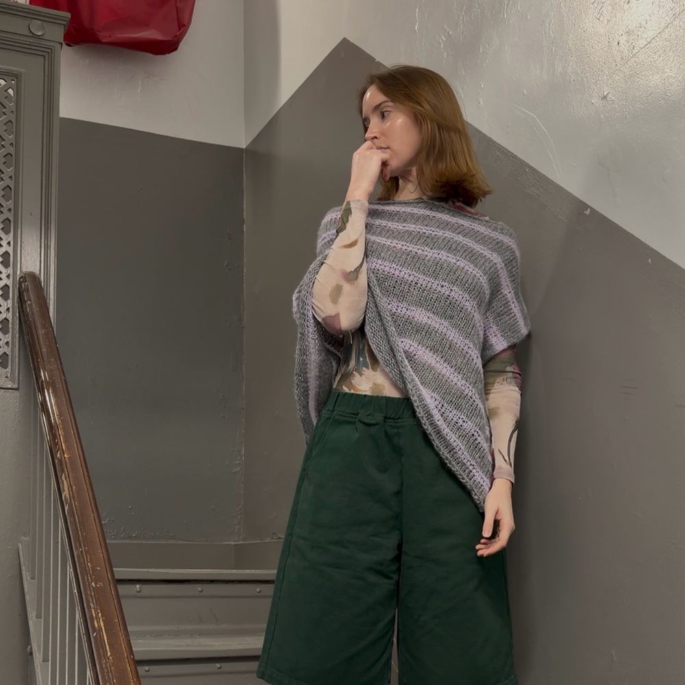 Handmade knit poncho in lilac and grey stripe. Size M/L